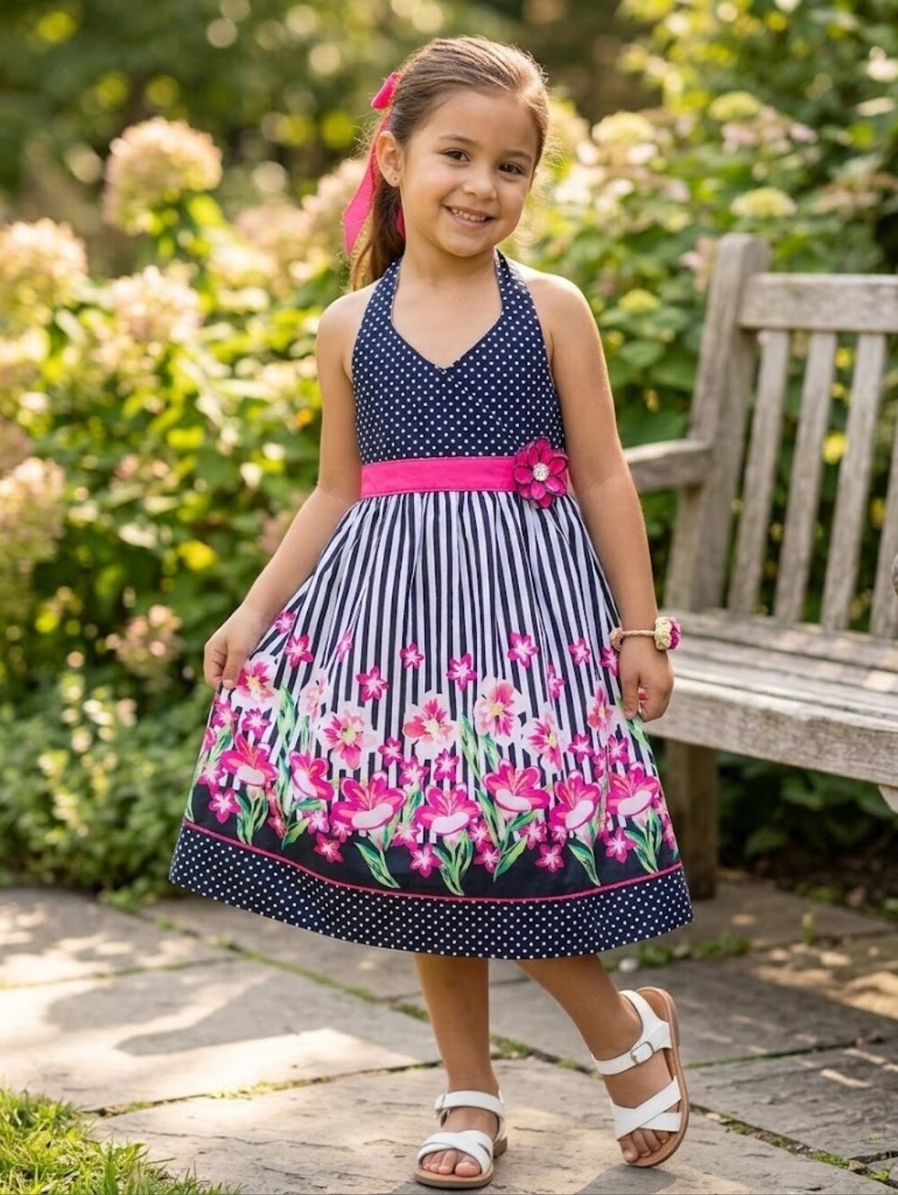 Girls' Navy Floral Halter Dress with Hot Pink Accents